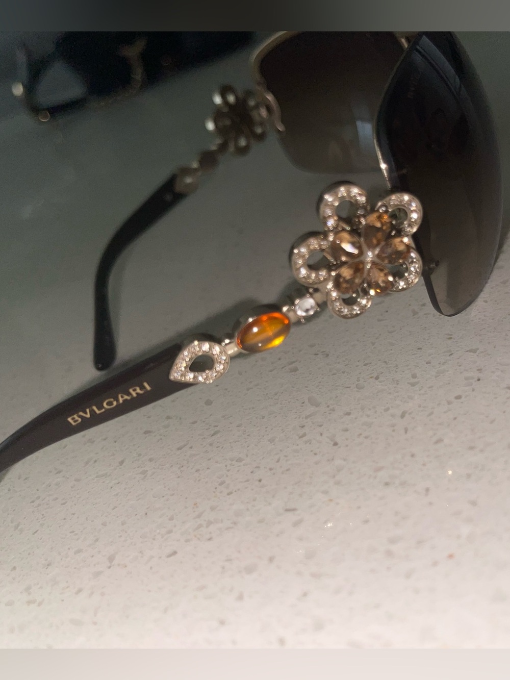 Bulgari Black Sunglasses with Amber and Clear Crystal Floral Detail